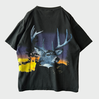 00's Cygnus WILD SIDE 鹿 アニマルプリントTシャツ 黒 (L)/A7035T-SO