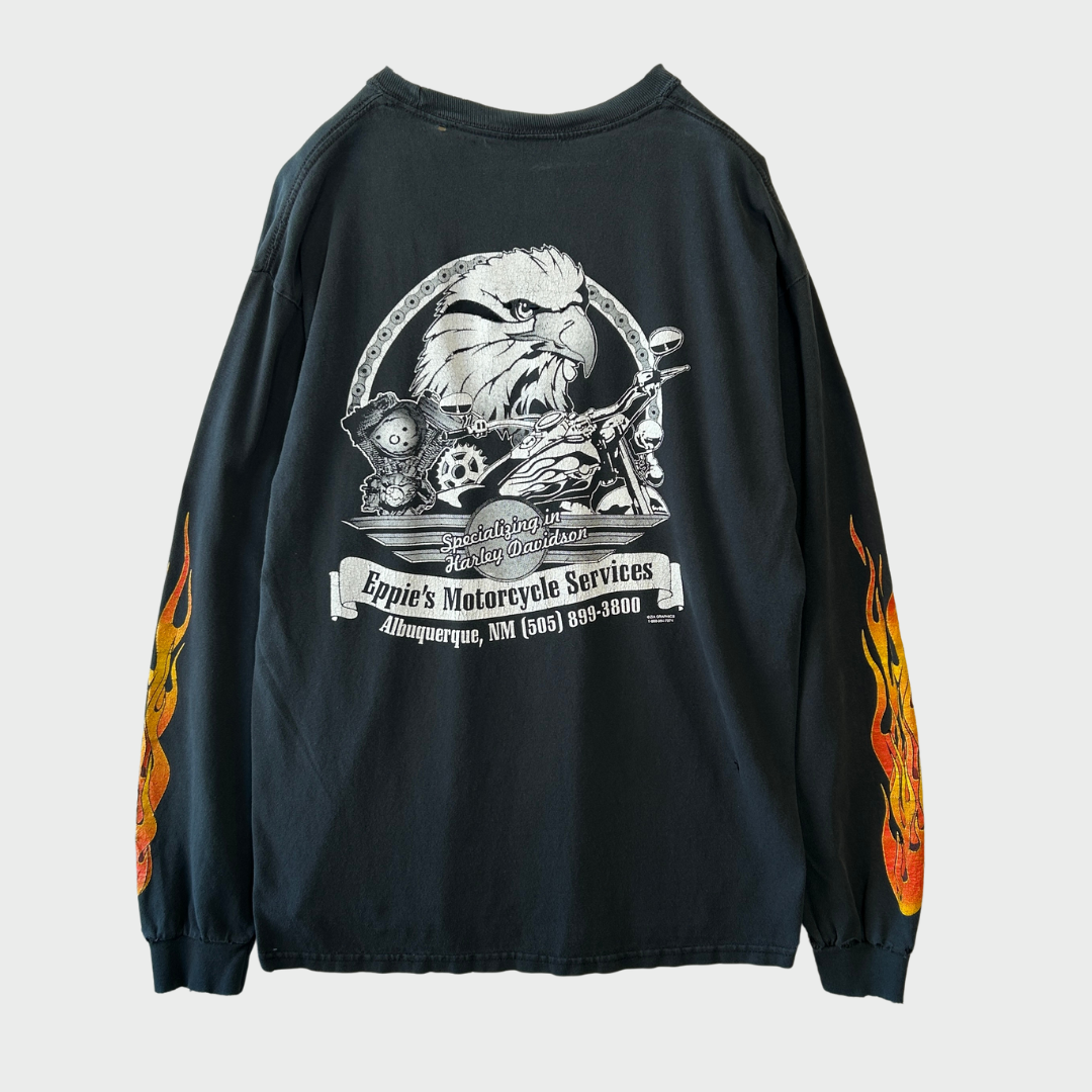 00's  ZIA GRAPHICS CHAMPIONSHIP APPAREL  Eppie's Motorcycle Services ファイヤーパターン 袖プリント ロンT 黒 (L) /B3245T-SO