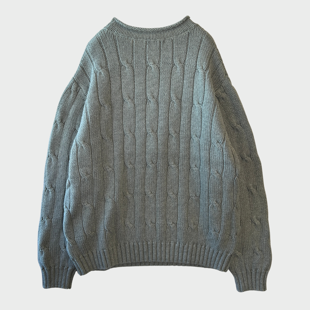 00's LANDS'END ケーブル編み コットンニット グレー (L)/A8494K-SO
