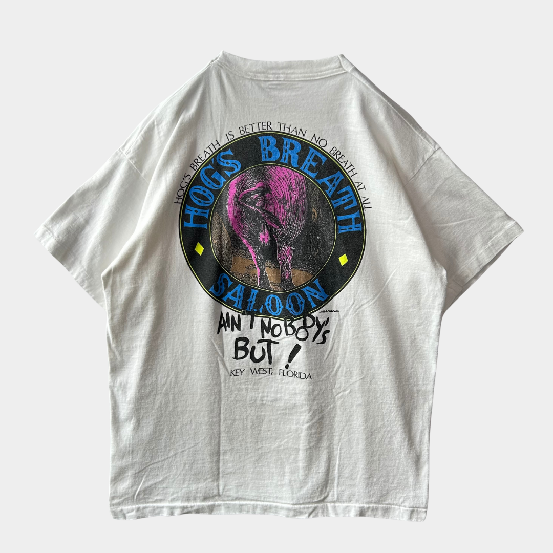 90's Fruit of the loom レストラン＆バー ホッグズ・ブレス・サルーン ショップロゴ プリントTシャツ 白(XL)/B1945T-SO