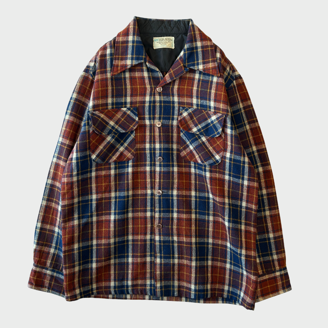70's JCPenney モンゴメリーワード ウール オープンカラーチェックシャツ 紺黄白橙 (M)/A5096S-SO