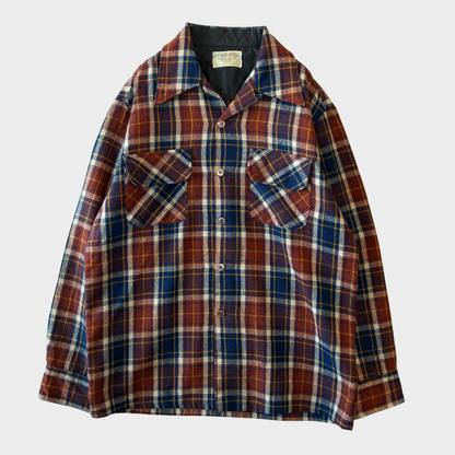 70's JCPenney モンゴメリーワード ウール オープンカラーチェックシャツ 紺黄白橙 (M)/A5096S-SO