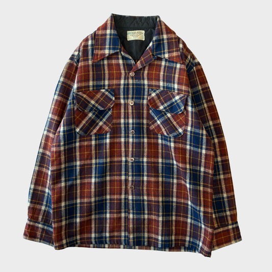 70's JCPenney モンゴメリーワード ウール オープンカラーチェックシャツ 紺黄白橙 (M)/A5096S-SO