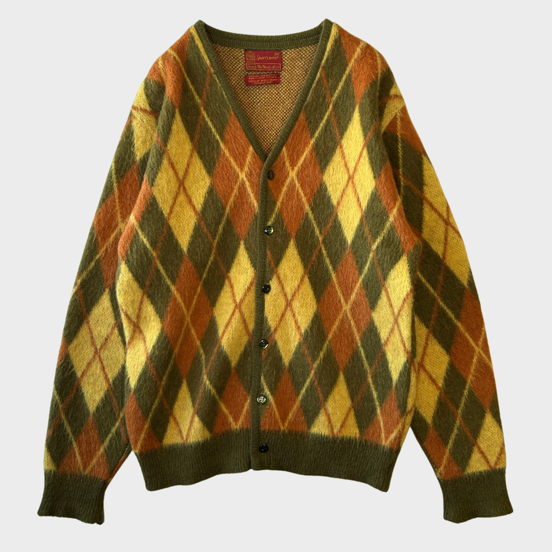 60~70's Sears アーガイル モヘアカーディガン 黄カーキオレンジ (M)/A9298K-SO