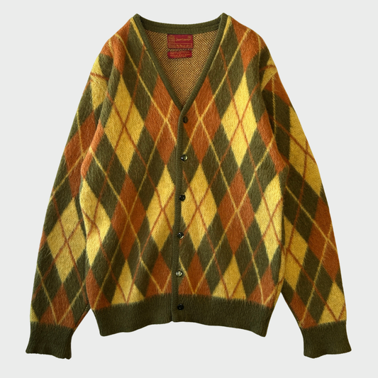 60~70's Sears アーガイル モヘアカーディガン 黄カーキオレンジ (M)/A9298K-SO