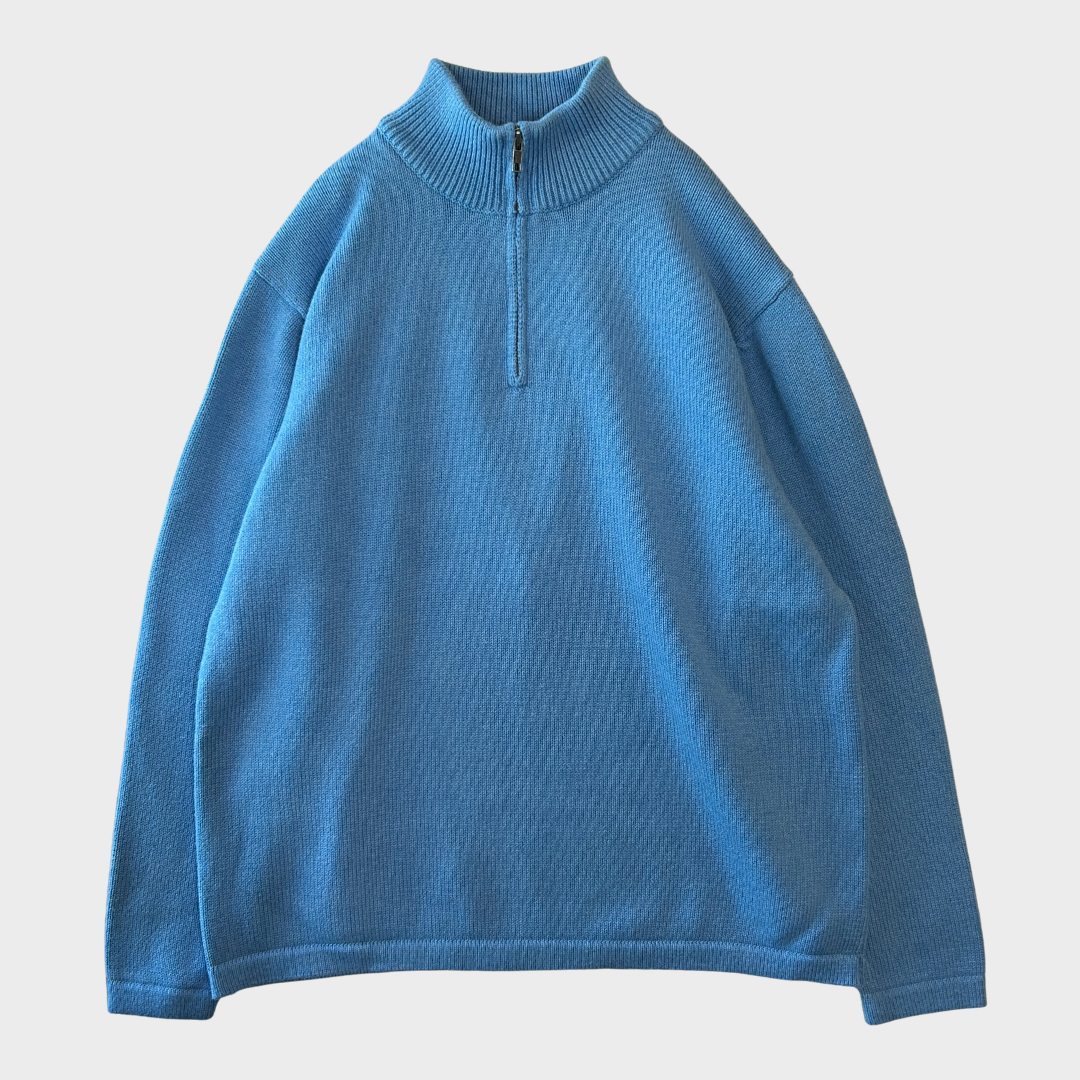 00's L.L.Bean ハーフジップコットンニット 水色 (L)/B3140K-SO