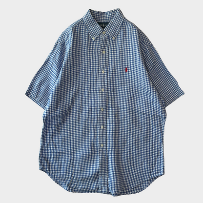 00's Ralph Lauren ラルフ 半袖 ギンガムチェック ボタンダウンリネンシャツ 青白 L/A4331SH-SO