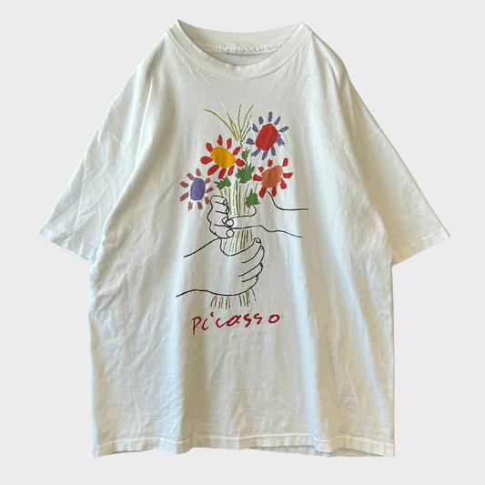 90's Hanes ヘインズ ピカソ「花束を持つ手」アート Tシャツ T-shirt 白 (XL) /B3491T-SO