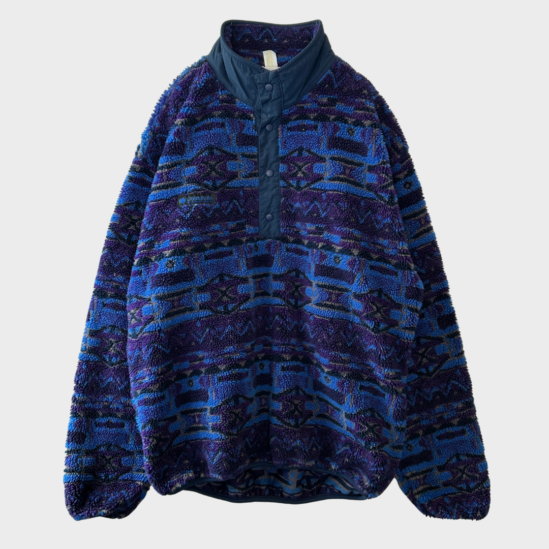 90's Columbia フリース ネイティブ デザインプルオーバー 青黒紫 (L)/A8809F-SO