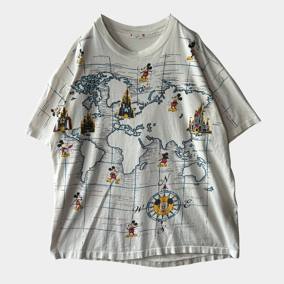 90's Disney ミッキーマウス ウォルト・ディズニー・ワールド マップ キャラクターTシャツ 白 (サイズ不明)/C1054T-SO