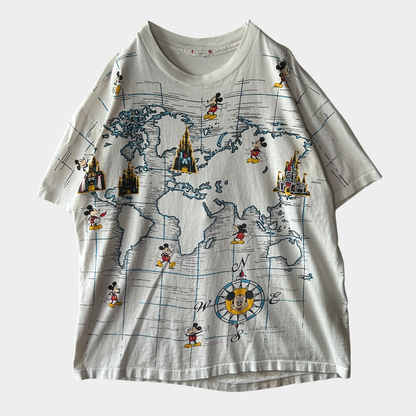 90's Disney ミッキーマウス ウォルト・ディズニー・ワールド マップ キャラクターTシャツ 白 (サイズ不明)/C1054T-SO