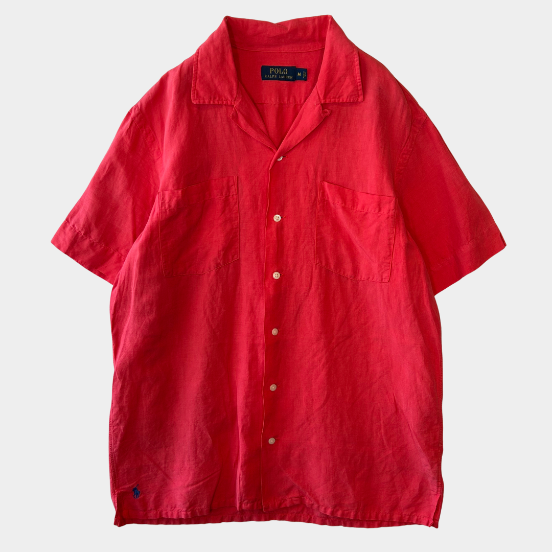 00's Polo Ralph Lauren ラルフ シルク/リネン オープンカラーシャツ 裾ポニー ピンク(M)/A3019SH-SO