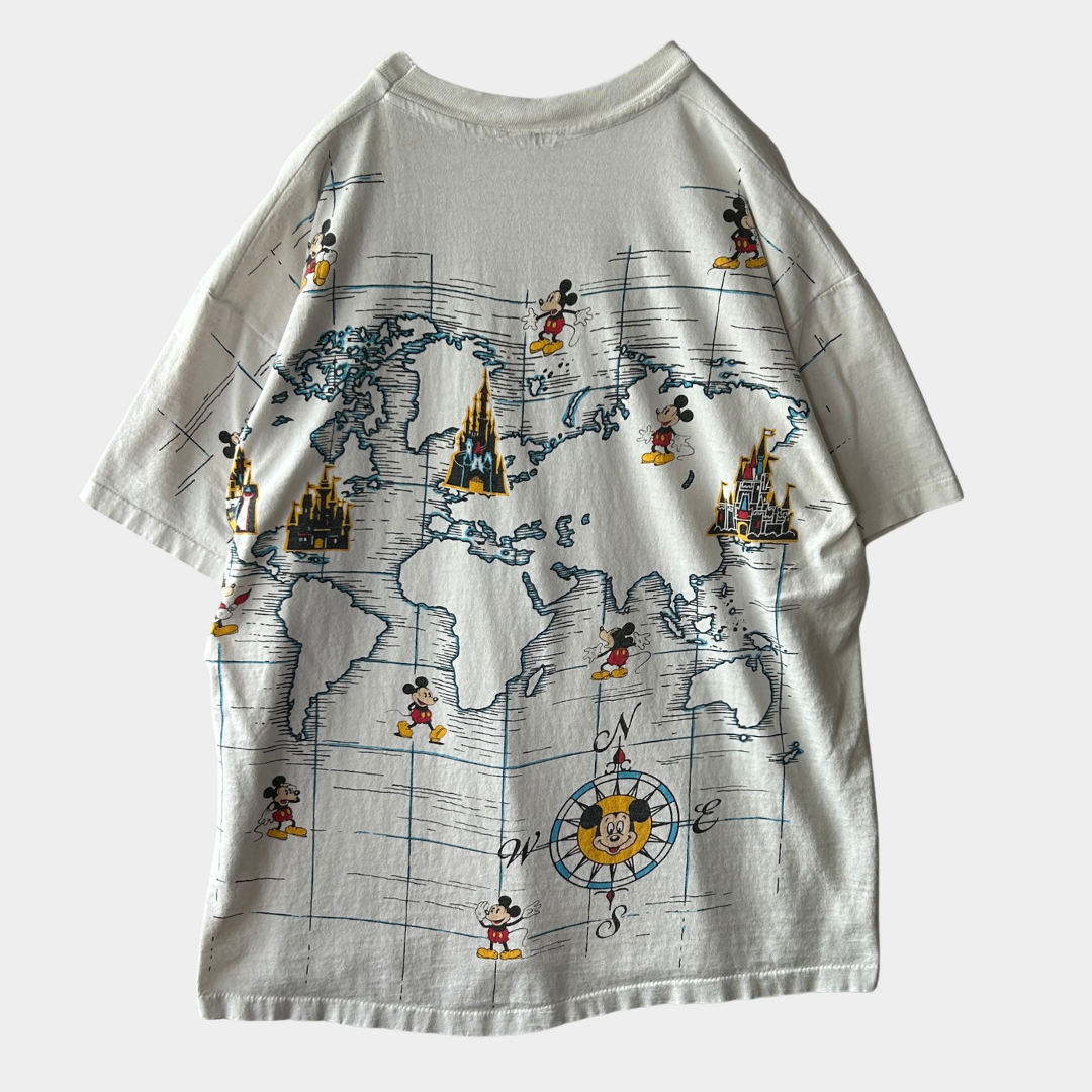 90's Disney ミッキーマウス ウォルト・ディズニー・ワールド マップ キャラクターTシャツ 白 (サイズ不明)/C1054T-SO