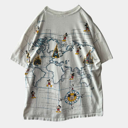 90's Disney ミッキーマウス ウォルト・ディズニー・ワールド マップ キャラクターTシャツ 白 (サイズ不明)/C1054T-SO