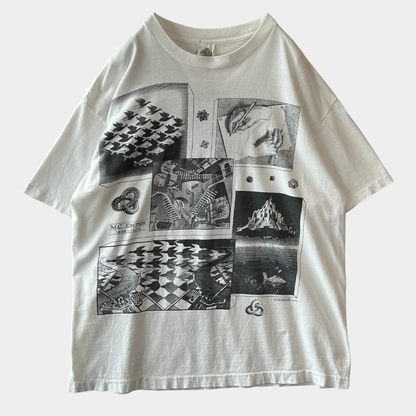 90's M.C.Escher エッシャー アートマルチプリントTシャツ ホワイト ANDAZIA(XL)/C1066T-SO