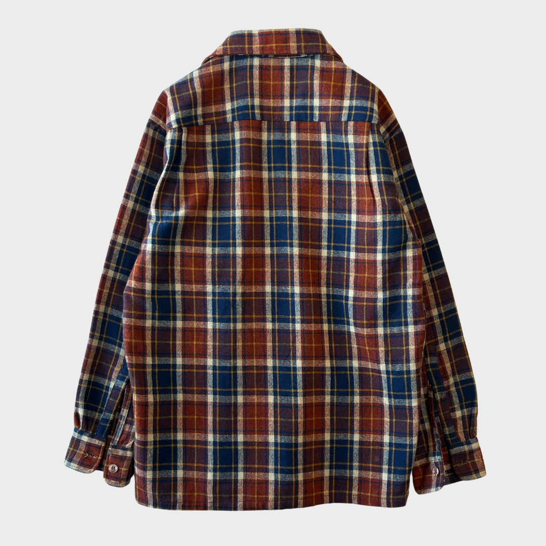 70's JCPenney モンゴメリーワード ウール オープンカラーチェックシャツ 紺黄白橙 (M)/A5096S-SO