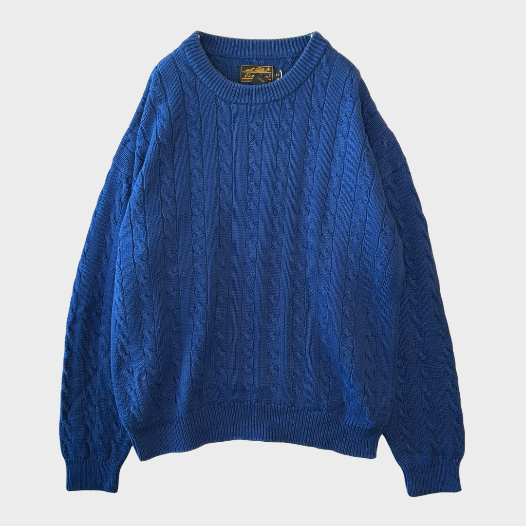 90's Eddie Bauer ケーブル編み コットンニット 青 (L)/A5606K-SO