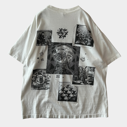 90's M.C.Escher エッシャー アートマルチプリントTシャツ ホワイト ANDAZIA(XL)/C1066T-SO