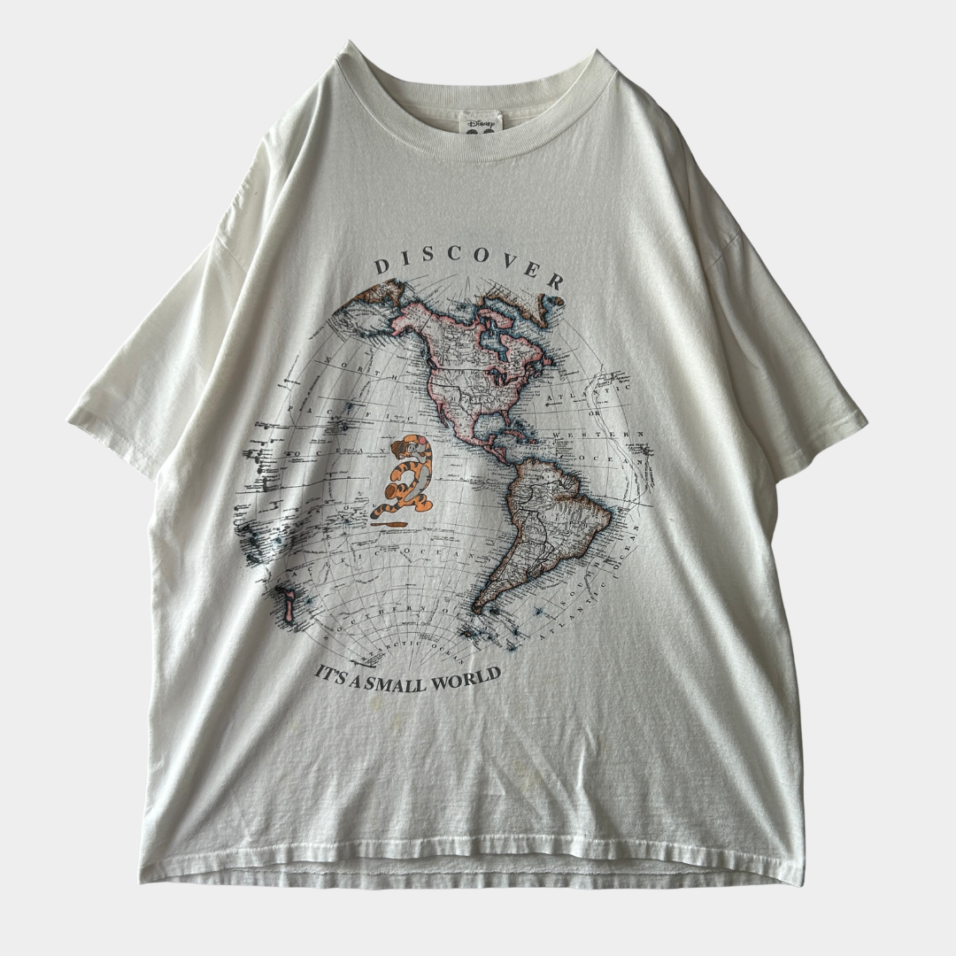 90's Disney "It's a small world" ティガー マッププリントTシャツ 白 (サイズ不明)/C1055T-SO