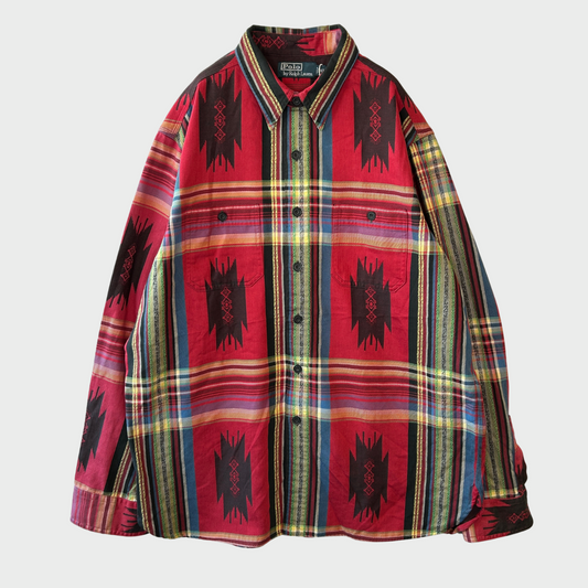 00's Ralph Lauren ラルフローレン ネイティブ柄 シャツ チンスト 赤黒緑青黄 (XL)/A2499S-SO