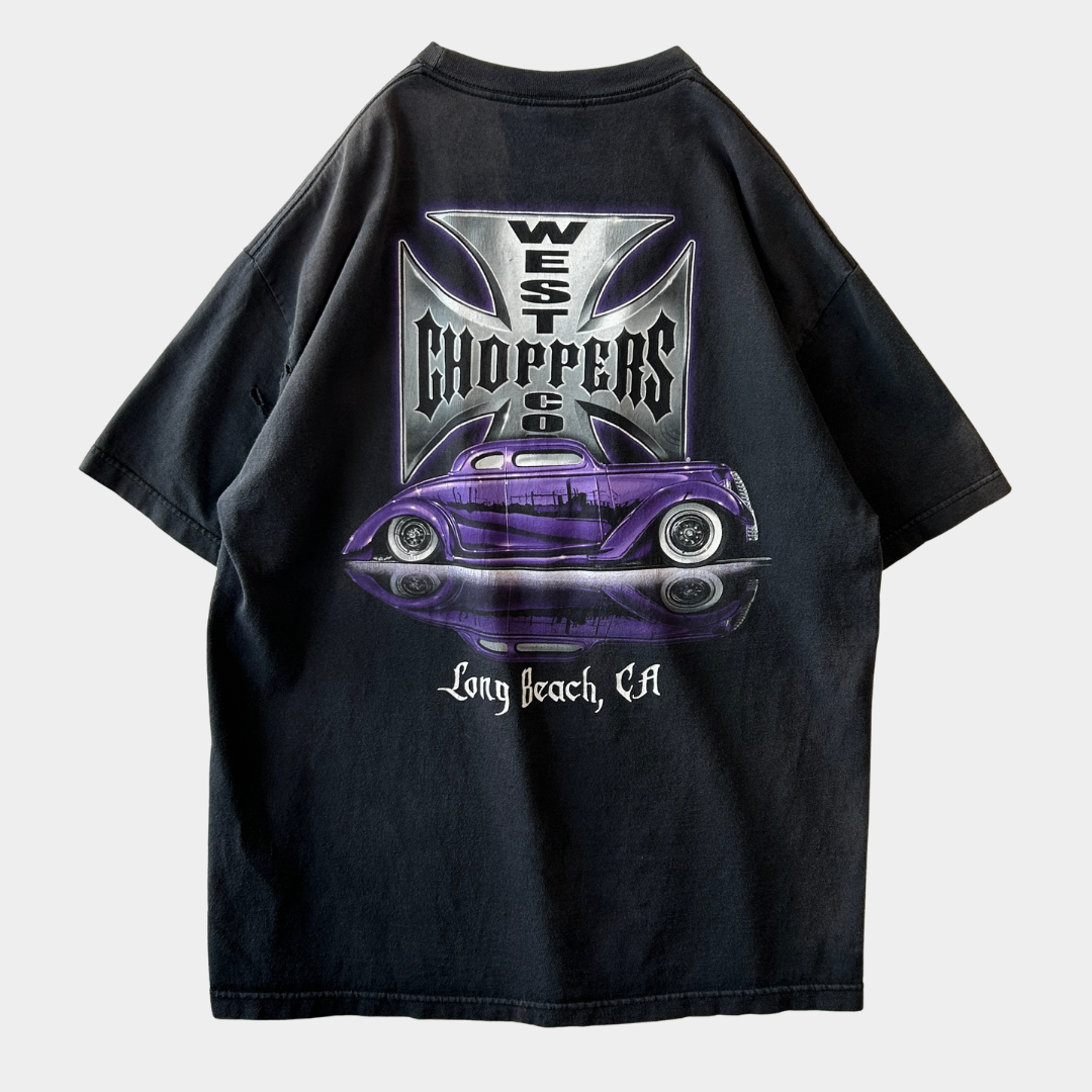 00's West Coast Choppers ウェストコーストチョッパーズ クラシックカー＆アイアンクロス Tシャツ ブラック(XL)/C0997T-SO