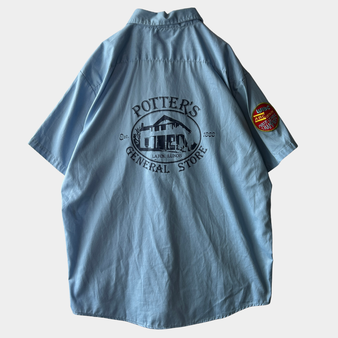 70's OshKosh Roger WIBC ABC s/s ボーリングシャツ 青 (L)/A7436S-SO