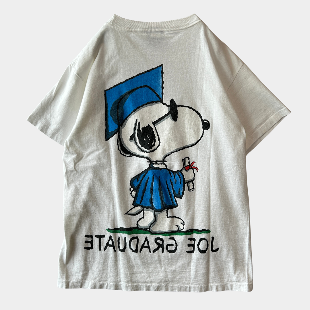 90's PEANUTS "JOE GRADUATE" スヌーピー 両面プリント　キャラクターTシャツ 白(M)/C1095T-SO