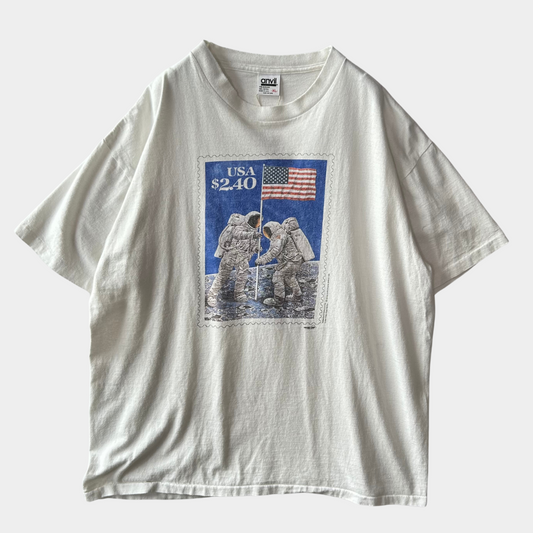 90's anvil  アポロ１１号月面着陸記念切手プリントTシャツ 白(XL)B1942T-SO