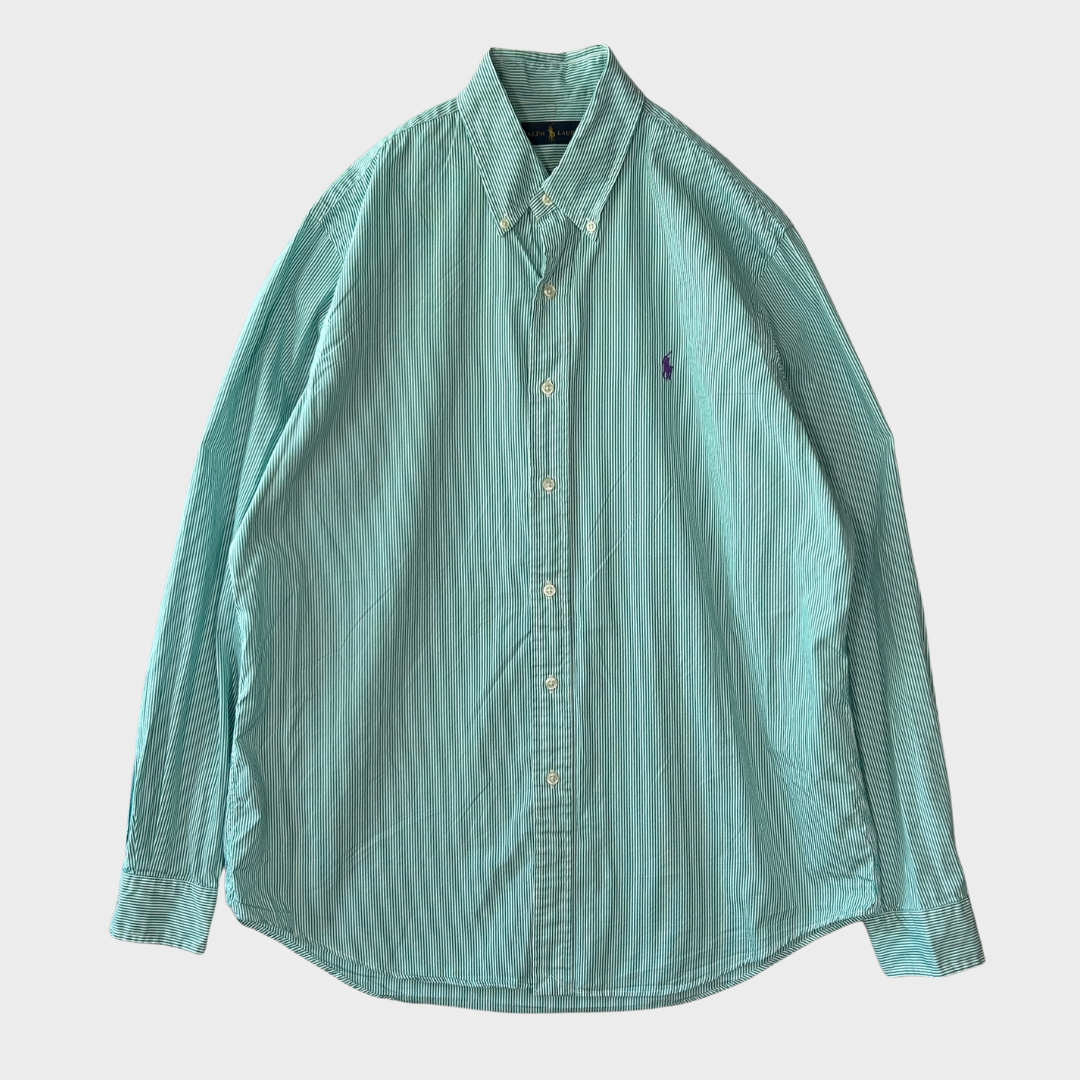00's Ralph Lauren ストライプ コットンシャツ グリーン (L)/B1526S-SO