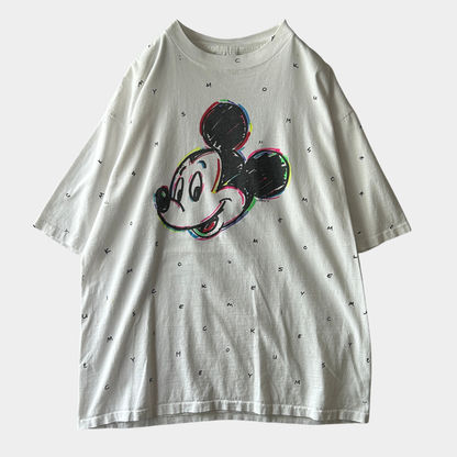 90's SDI ディズニー ミッキーマウス 総柄 キャラクターTシャツ 白 (XL)/A6408T-SO