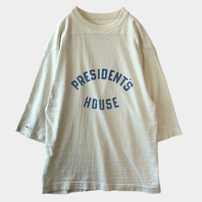 80's ~ Unknown Brand フットボールTシャツ PRESIDENT'S HOUSE 染み込みプリント コットン 白/C1021T-SO