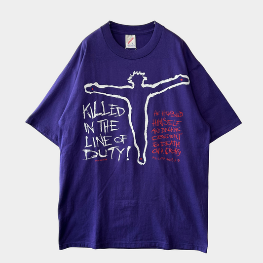 90's JERZEES イエスキリスト メッセージTシャツ 紫(L)/A6422T-SO