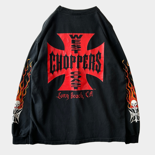 00's West Coast Choppers ウェストコーストチョッパーズ 袖フレイムプリント アイアンクロス ロンT tシャツ (XL)/C0996T-SO