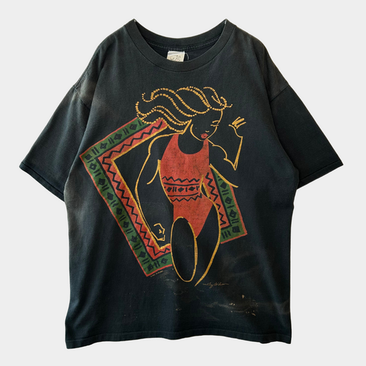 90's TY WILSOON アートTシャツ サンフェード 黒(XL)/A6486T-SO