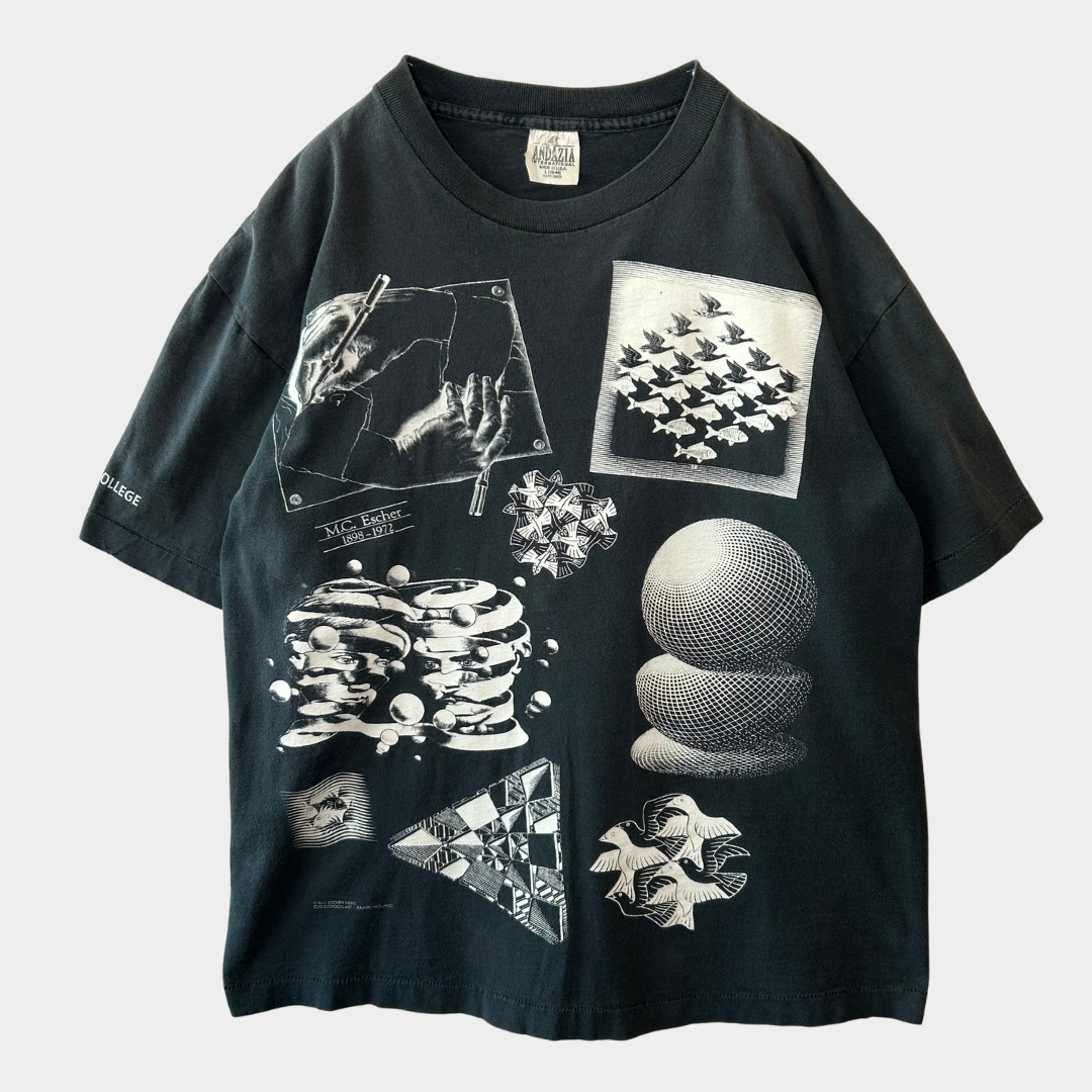 90's M.C.Escher エッシャー アートマルチプリントTシャツ ANDZIA 黒(L