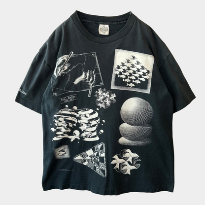90's M.C.Escher エッシャー アートマルチプリントTシャツ ANDZIA 黒(L)/A7184T-SO