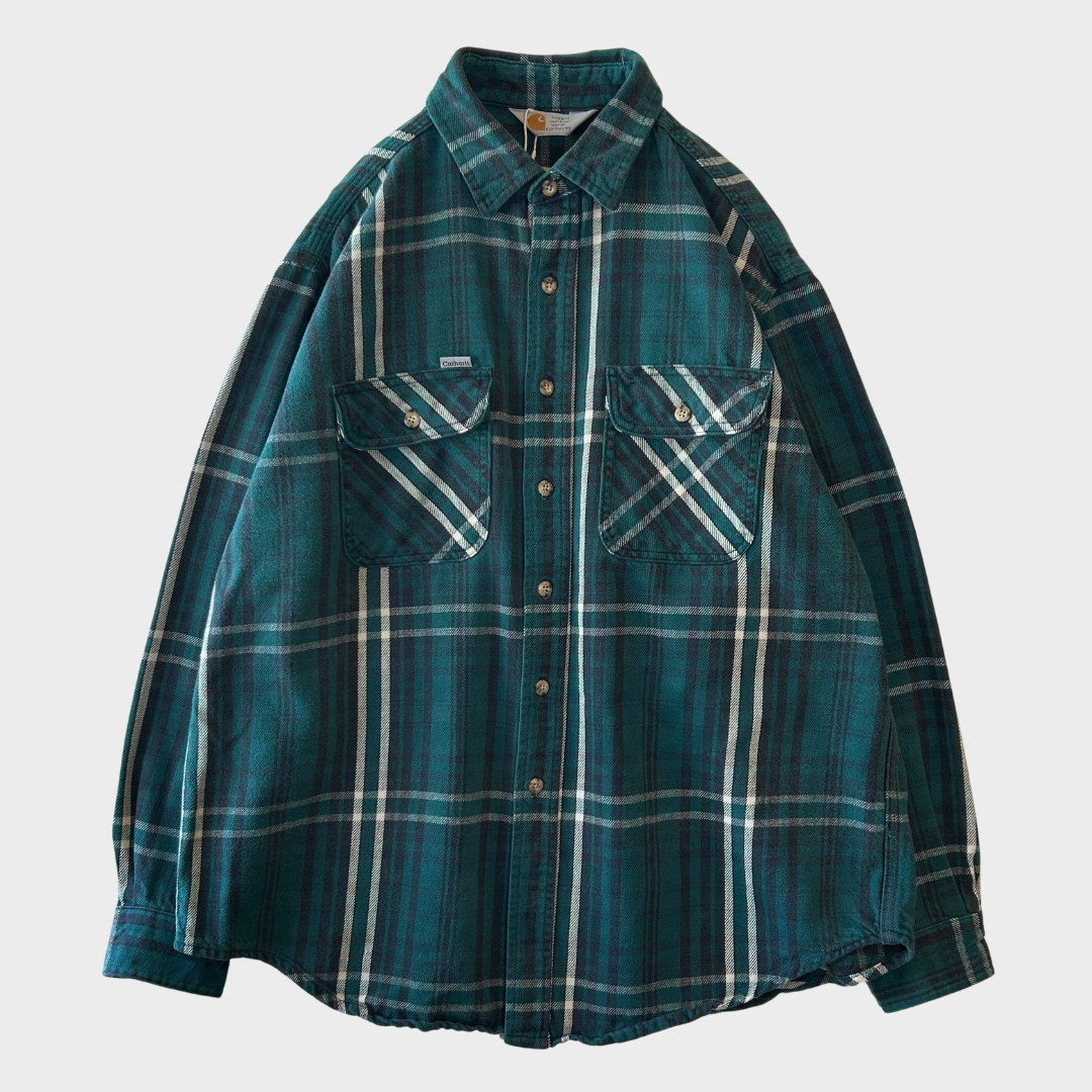 90's Carhartt カーハート チェック フランネルシャツ 深緑 (推定L) A8495SH-SO