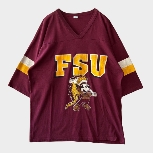 80's ARTEX FSU ミッキーマウス フットボールTシャツ ワインレッド (XL)/A7208T-SO