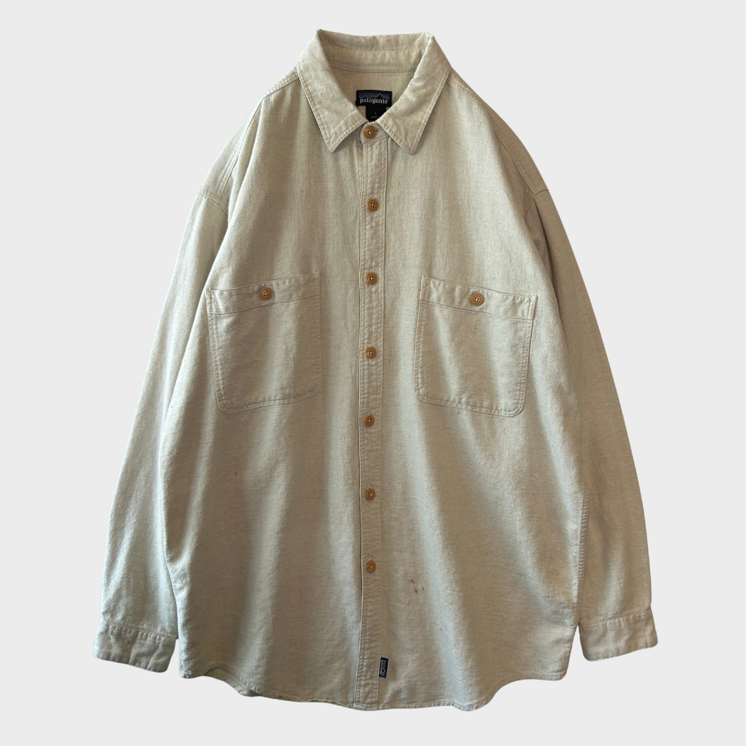90's Patagonia パタゴニア 長袖リネンコットンワークシャツ アイボリー(L)/B3697S-SO