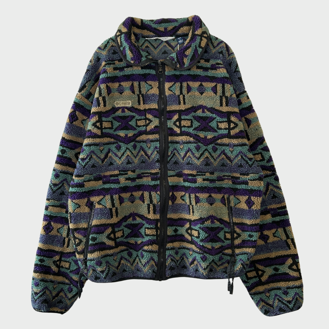 90's Columbia フリース フルジップ ネイティブ 黒青紫ベージュ (L)/B3039F-SO