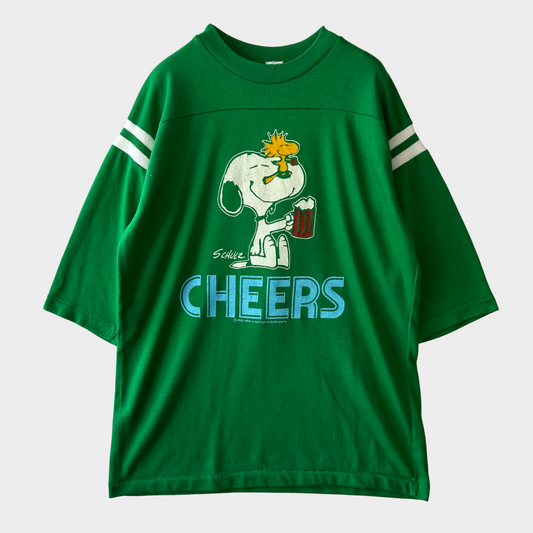 80's ARTEX CHEERS スヌーピー フットボールTシャツ 緑 (M)/A7207