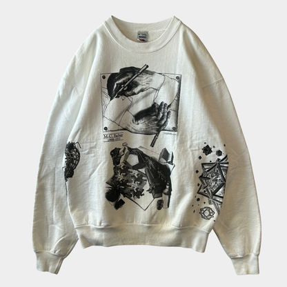 90's M.C.Escher エッシャー アート マルチプリントスウェット 白(XL)/C0188S-SO