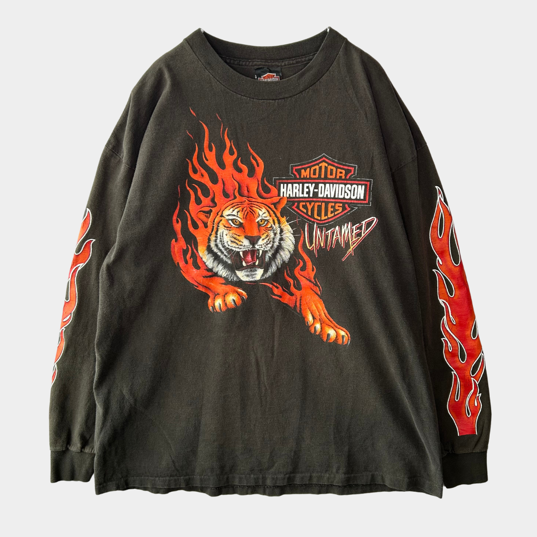 90's Harley-Davidson タイガー フレイムプリントロンT 黒(XL)/A7104T 90's Harley-Davidson タイガー フレイムプリントロンT 黒(XL)/A7104T