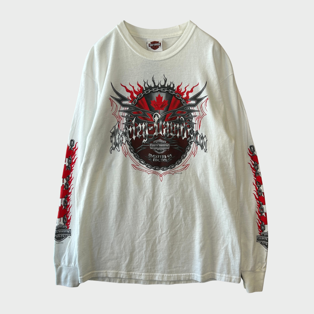 00's  HAREY-DAVIDSON 袖プリント ロンT 白 (M) /B3244T-SO