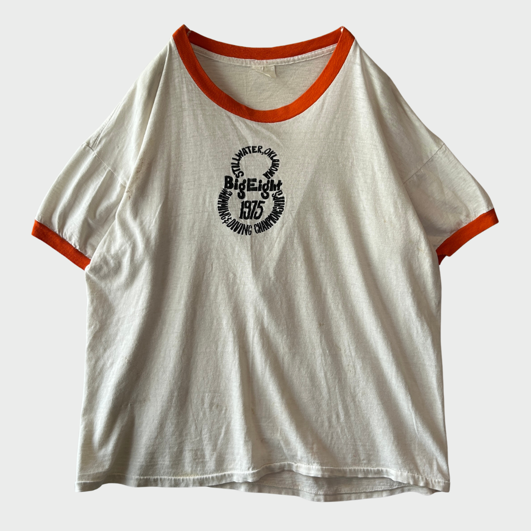 70's SPROCE "BigEight" Swimming & Diving Championships 記念グラフィック リンガーTシャツ 白 (XL)/A4142