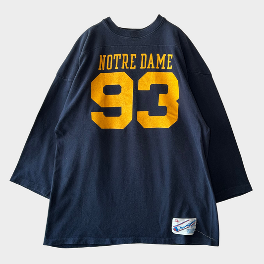 80's Champion NORTH DAME 93 フットボールTシャツ 紺 (XL)/A7216T-SO