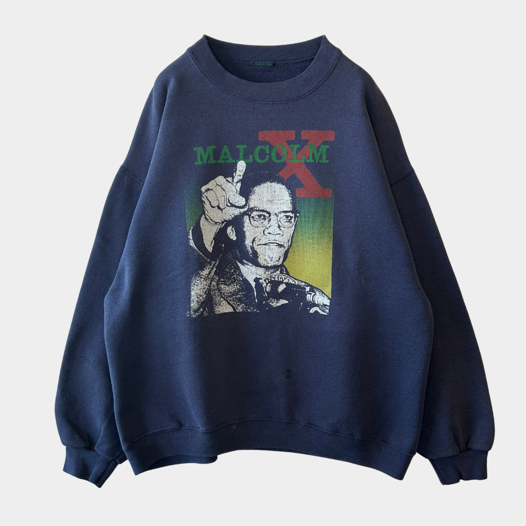 90's MALCOM X マルコム プリントスウェット フェード ネイビー/A8210S-SO