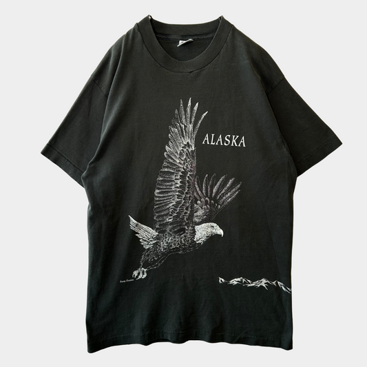 90's ALASKA イーグル巻きプリントTシャツ 黒(M)/A7185T-SO