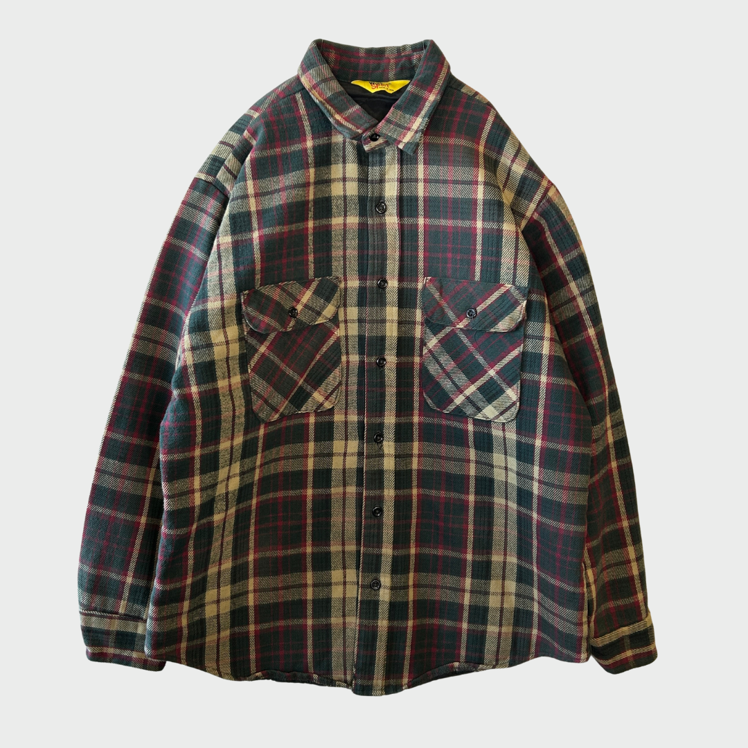 80's Workn Sport フランネルチェックシャツ 赤緑ベージュ系 (L)/A8824S-SO