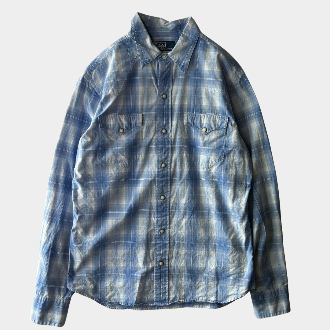 90~00's Polo by Ralph Lauren ラルフローレン チェック柄 ウエスタンシャツ 青白 (サイズ不明)/C1116S-SO